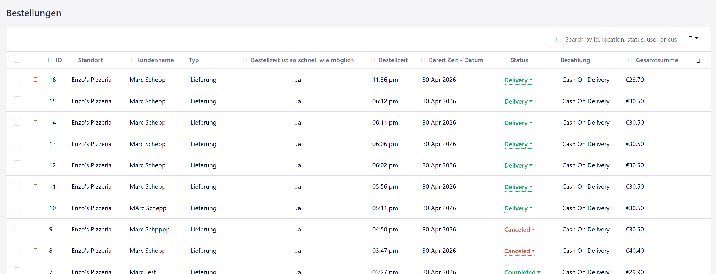 Restaurant Dashboard / App-Ansicht